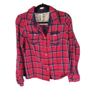 Overdrive Womens Flannel Shirt Button Down Pockets Plaid Red Blue L